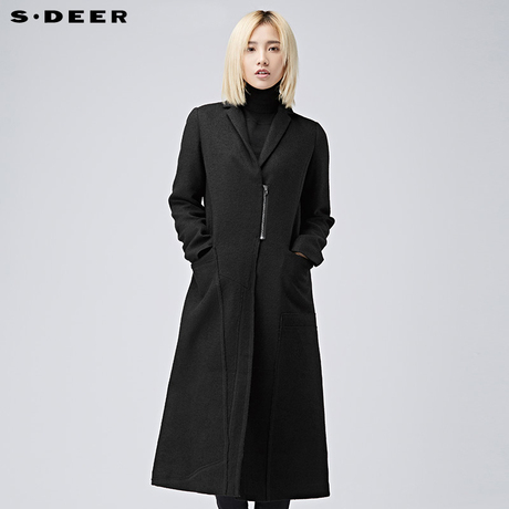 sdeer圣迪奥2018冬装翻领线条贴片A字长款羊毛呢大衣女S16481892商品大图