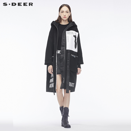 sdeer圣迪奥撞色印胶字母个性贴袋造型装饰时尚连帽大衣S18481838商品大图