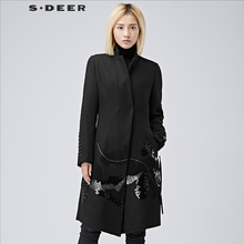 sdeer圣迪奥2018冬装闪亮贴片翻领气质修身毛呢大衣女S16481893图片