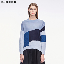 sdeer圣迪奥2018冬装新款蓝调撞色拼接开衩圆领针织衫女S18463599图片