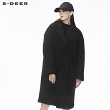 sdeer圣迪奥2018秋冬新款绒毛质感撞色图案长款大衣外套S18481811图片