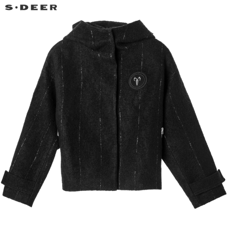 sdeer圣迪奥2018冬装新品贴布装饰英伦条纹连帽毛衣外套S18462254商品大图