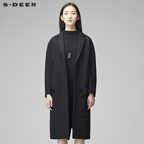 sdeer圣迪奥2018冬装摩登光泽亮片平驳领长款毛呢大衣女S17481899商品大图
