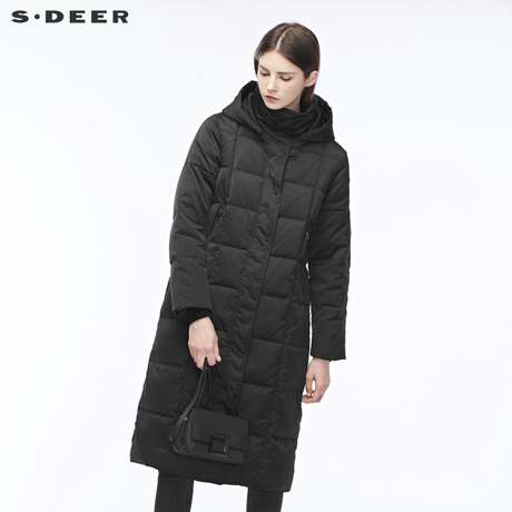sdeer圣迪奥纯黑酷感金属拉链装饰高领连帽H廓形羽绒服S18462417商品大图
