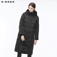 sdeer圣迪奥纯黑酷感金属拉链装饰高领连帽H廓形羽绒服S18462417图片