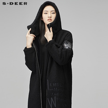 sdeer圣迪奥2018冬装宽松厚实毛绒字母连帽长毛呢大衣女S17481879图片
