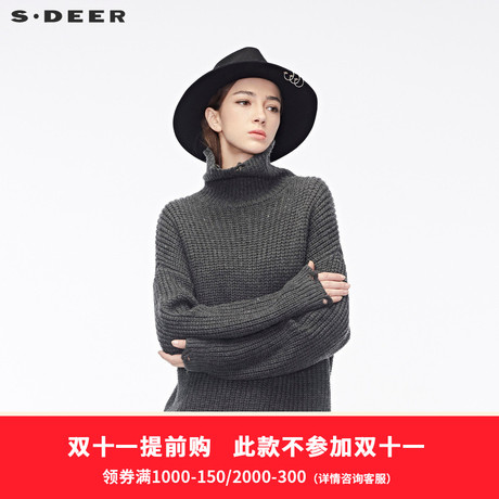 sdeer圣迪奥女前卫潮流落肩设计个性脱线造型高领针织衫S18483538商品大图