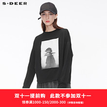 sdeer圣迪奥2018秋冬新款简约抽象印花落肩圆领针织衫女S18480266图片