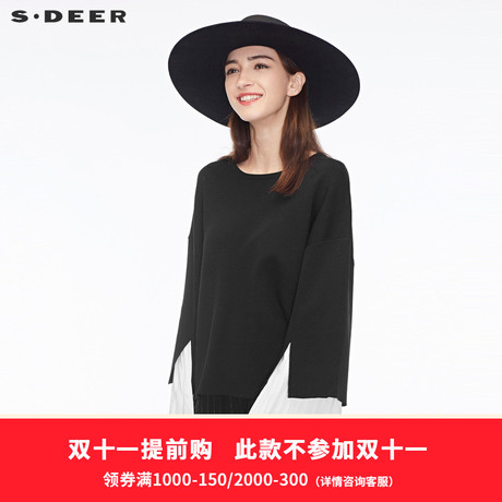 sdeer圣迪奥女甜美个性开衩设计撞色褶皱造型袖口针织衫S18483504商品大图