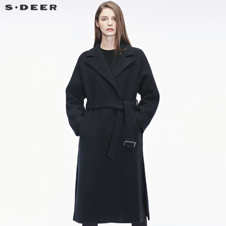 sdeer圣迪奥流畅剪裁个性腰带装饰开衩下摆平驳领大衣S18481817商品大图