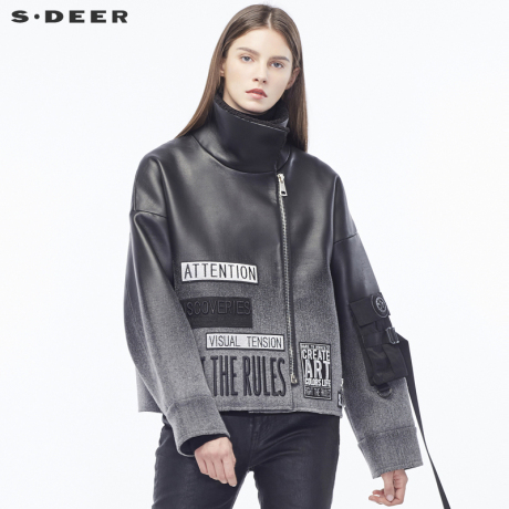 sdeer圣迪奥女装酷感字母刺绣渐变飘带立领皮质短款外套S18482278商品大图