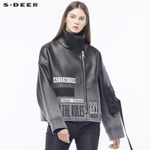 sdeer圣迪奥女装酷感字母刺绣渐变飘带立领皮质短款外套S18482278图片