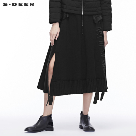 sdeer圣迪奥女装刺绣字母图案装饰面料拼接开衩下摆长裙S18481189商品大图