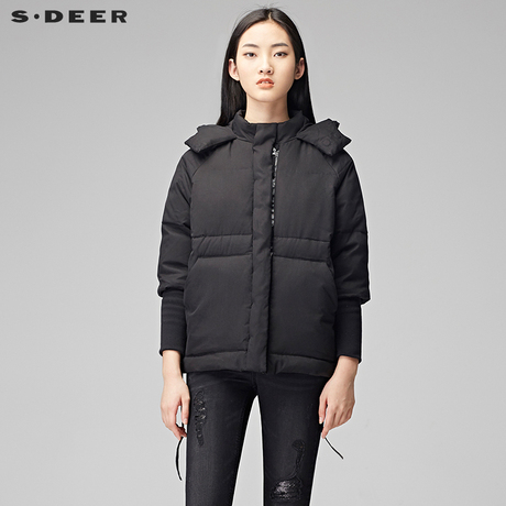 sdeer圣迪奥酷黑简约防风连帽后背几何大贴袋短款羽绒服S17482406商品大图
