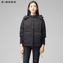 sdeer圣迪奥酷黑简约防风连帽后背几何大贴袋短款羽绒服S17482406图片