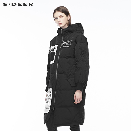 sdeer圣迪奥2018冬装新款撞色字母布贴高领连帽羽绒服女S18482459商品大图