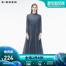 方领收腰褶裥大摆长袖 高腰连衣裙女S18181221 sdeer圣迪奥秋装
