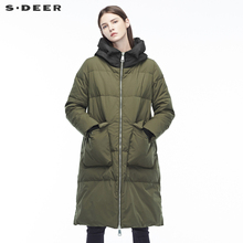 sdeer圣迪奥2018冬装新款拼接口袋高领连帽军绿长羽绒服S18482420图片