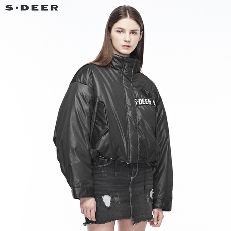 sdeer 圣迪奥撞色英文个性装饰创意抽绳下摆立领羽绒服S18482443商品大图