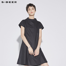 sdeer圣迪奥简约素黑圆领飘带A摆短袖连衣裙S17281284图片