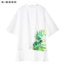 sdeer圣迪奥女装素雅绿调印花开衩摆短袖衬衫S18280432图片