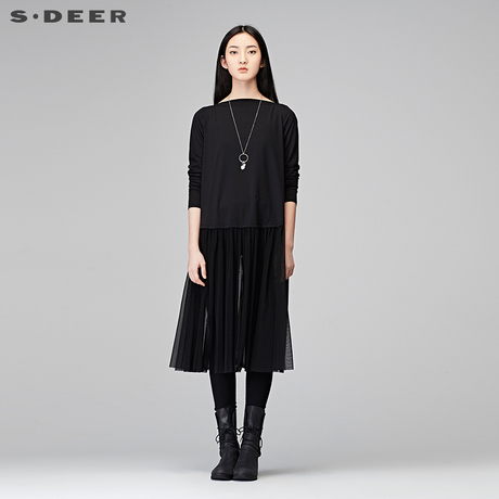 sdeer圣迪奥2018冬装优雅纱网拼接A字大摆长袖连衣裙女S17481212商品大图