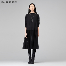 sdeer圣迪奥2018冬装优雅纱网拼接A字大摆长袖连衣裙女S17481212图片