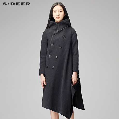sdeer圣迪奥设计感不规则摆时尚斜襟防风连帽大衣外套S17481866商品大图