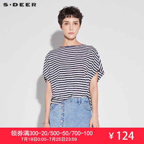 sdeer圣迪奥2018夏装新款宽松撞色条纹oversize圆领T恤S18260178商品大图