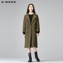 sdeer圣迪奥2017冬新品军绿平驳领中长款毛呢直筒大衣女S17481863图片