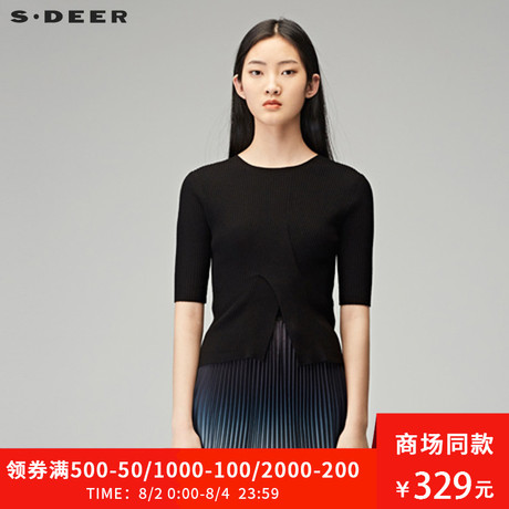sdeer圣迪奥女装酷黑设计感圆领套头中袖针织衫S18183519商品大图