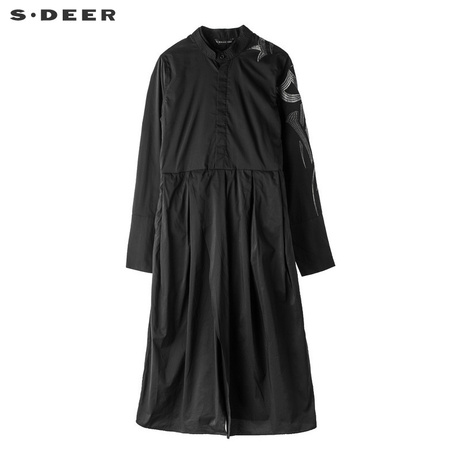 sdeer圣迪奥新潮前卫双立领收褶设计刺绣图案装饰连衣裙18381210商品大图