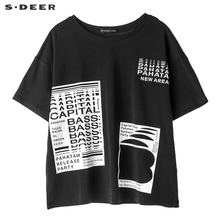 sdeer圣迪奥休闲纯黑圆领黑白印花短袖T恤S18280107图片
