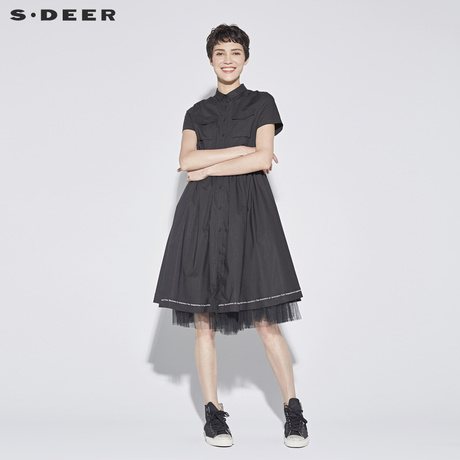 sdeer圣迪奥女装时尚字母层次网纱拼接大摆衬衫连衣裙S18281205商品大图
