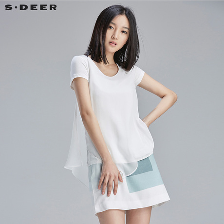 sdeer圣迪奥女装夏装设计感清透雪纺拼接不规则上衣T恤S16280112商品大图