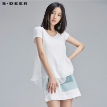 sdeer圣迪奥女装夏装设计感清透雪纺拼接不规则上衣T恤S16280112图片