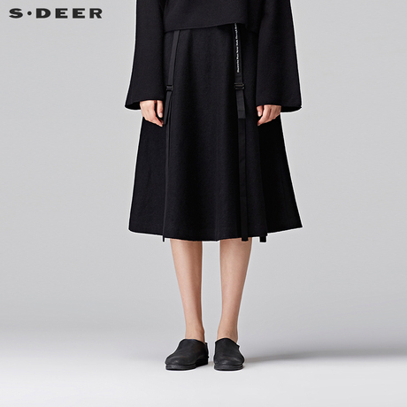 sdeer圣迪奥时尚灵动飘带A字毛呢半身长裙S17481116商品大图