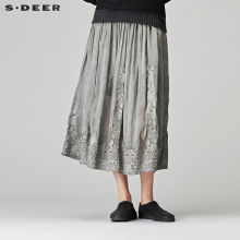 sdeer圣迪奥2018秋装复古绣花桑蚕丝百褶裙长裙半身裙女S18181105图片