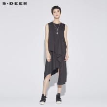 sdeer 圣迪奥优雅纯黑圆领解构搭片不规则摆无袖连衣裙S18281216图片