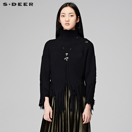 sdeer圣迪奥女装街头风做旧流苏装饰中高领纯黑针织衫Y17483502商品大图