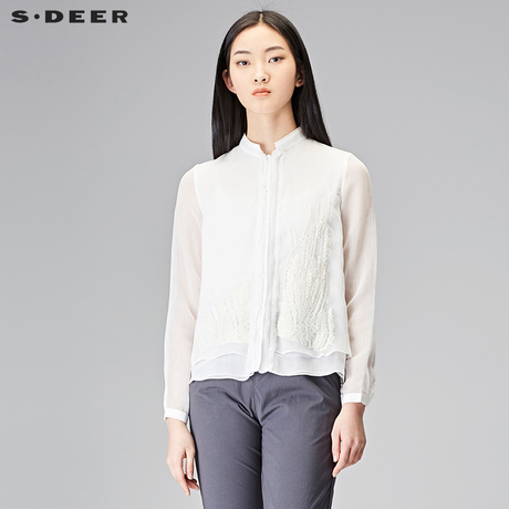 sdeer圣迪奥2018秋装唯美素白绣花雪纺A字长袖衬衫女装S18180518商品大图