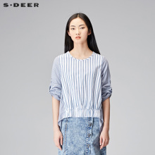 sdeer圣迪奥2018秋装女装休闲蓝白条纹拼接圆领长袖衬衫S18180503图片