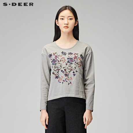sdeer圣迪奥2018秋装圆领艳丽花朵刺绣长袖灰调T恤女装S17380299商品大图