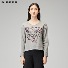 sdeer圣迪奥2018秋装圆领艳丽花朵刺绣长袖灰调T恤女装S17380299图片