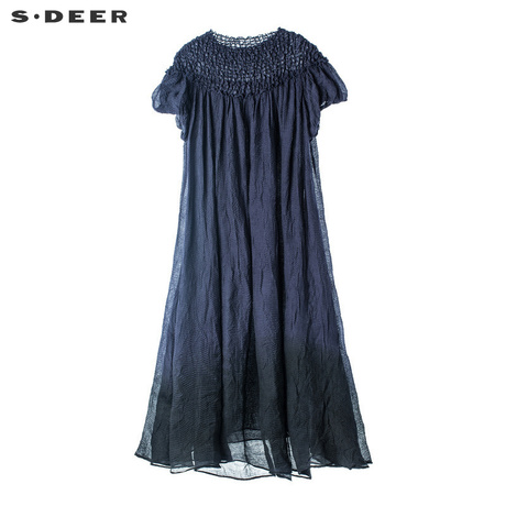 sdeer 圣迪奥 女装肌理感一字领抓皱泡泡袖长款连衣裙S18281236商品大图