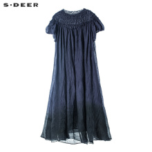 sdeer 圣迪奥 女装肌理感一字领抓皱泡泡袖长款连衣裙S18281236图片