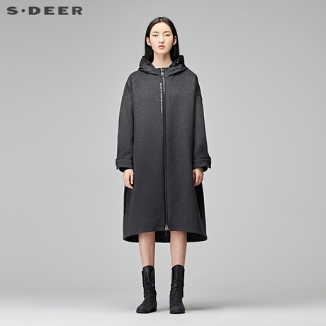 sdeer圣迪奥女装简约连帽拼接字母刺绣系腰毛呢大衣外套S17481868商品大图