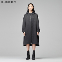 sdeer圣迪奥女装简约连帽拼接字母刺绣系腰毛呢大衣外套S17481868图片