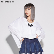 sdeer圣迪奥女装唯美素白翻领长短摆长袖衬衫S18280530图片