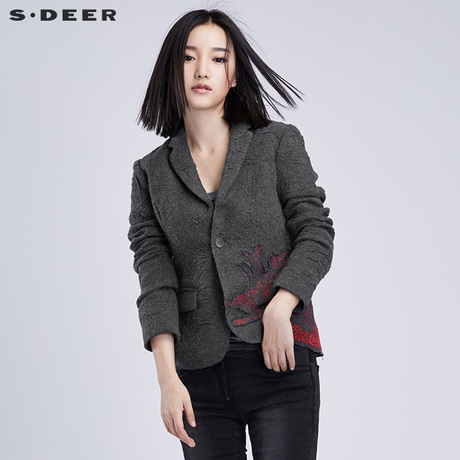 sdeer圣迪奥女2018春装灵动线迹绣花翻领休闲西装外套S16382293商品大图